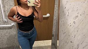 Brazilian teen fingering big pussy lips in shopping bathroom
