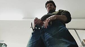in the empty shop, a skinny young amateur sneaks around masturbating his monster cock to gigantic cumshot
