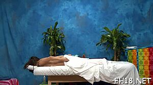 Dialogic Hot 18 year old chick gets oiled massage turns into erotic blowjob and hardcore fucking with old woman.