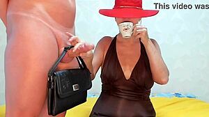 muscular femdom milf gives cfnm handjob with food fetish leading to huge cumshot on saggy tits