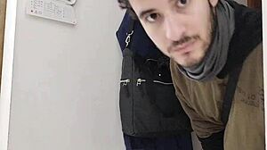 in the empty shop, a skinny young amateur sneaks around masturbating his monster cock to gigantic cumshot