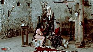 harcore lesbian threesome with dildos and licking in costumes