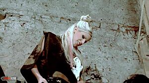 harcore lesbian threesome with dildos and licking in costumes