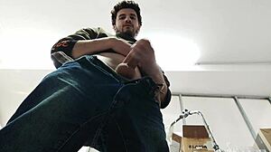 in the empty shop, a skinny young amateur sneaks around masturbating his monster cock to gigantic cumshot