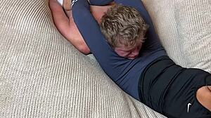 I can't escape these cruel headscissors in blue leggings, it's brutal domination!