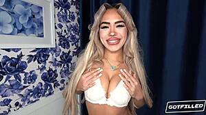 blonde luna luxe spreads shaved pussy wide for creampie load