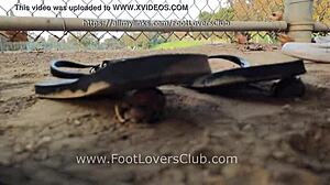 Giantess Maria crushes snails in unaware foot lovers club video with bug crush fetish and candid giantess Latina