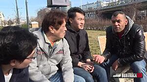 Stunning Sarah Kay receives cumshot on her big ass during outdoor public blowjob and handjob.