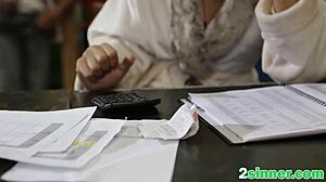 A sexy ebony accountant bends over for a horny white stud. He fucks her nice pussy hard in doggystyle.