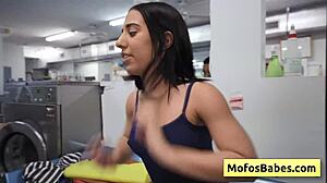 Sexy horny teen brunette Nikki Mars gives wet blowjob in public laundry with Jason Legend