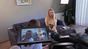 Blonde bombshell, your casting interview just got rough with intense pussy pounding action now.