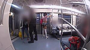 Skinny Latina sissy crossdresser in miniskirt gets crushed in public metro
