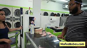 Sexy horny teen brunette Nikki Mars gives wet blowjob in public laundry with Jason Legend