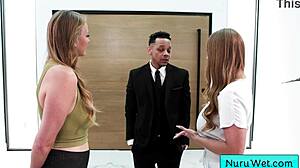 I enjoyed watching Skylar Snow and Jasmine Daze as busty natural masseuses in a wet Nuru massage session with client Donny Sins