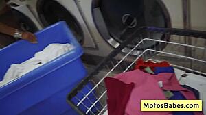 Sexy horny teen brunette Nikki Mars gives wet blowjob in public laundry with Jason Legend