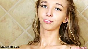 This radiant teen blonde starts with a relaxing shower on the sofa during her casting interview
