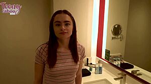 Petite teen Reese Robbins gets creampied by stepdad Seth in doggystyle after blowjob