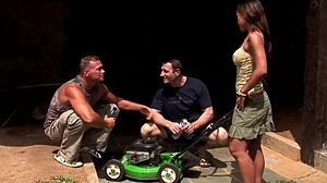 Jade Sin, the petite Asian doll, faces double penetration from two American men with big white cocks.