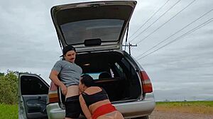 Amateur Big Tits Brazilian Milf Sucks Monster Cock and Fucks in Public Car Voyeur Scene Outdoors