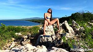 Perfect Model Masturbates Shaved Pussy Outdoors with Huge Sex Toy Not Afraid to Get Caught - Passionbunny