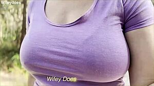 My big tit wife dares to flash her tits in a public park setting.