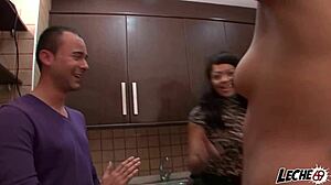 Debut of eighteen-year-old amateur in bisexual threesome with Latina pornstars.