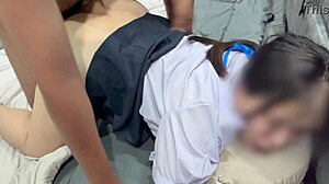 Thai college girl in cosplay costume gets fucked quickie style with cumshot on her wet pussy and skirt