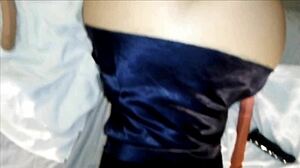 Pegging scene with big ass brunette using double dildo for anal play in couple roleplay