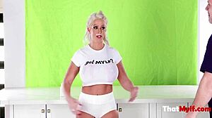 How does blonde milf Alura Jensen tease and milk money through her nympho strategy?