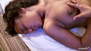 Two black skin ebony teens 18+ with saggy tits contrast at hard FFM threesome in hotel with one big black cock guy