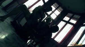 Masked blonde babe gets ass drilled by toy and dick in rough ffm threesome with cum on face