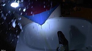 Peeing in Blue Underpants Over the Sink - What a Wet Mess!