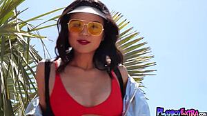 cute asian babe kj carter flashes tiny tits and exotic pussy in car