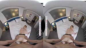 Naughty America - Kate England Fucks You in VR! Blue Eyes Babe Gives Blowjob and Handjob in Lingerie.