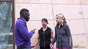 Big black cock fucks caucasian babe in interracial mmf threesome with husband watching and snowballing cum