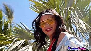 cute asian babe kj carter flashes tiny tits and exotic pussy in car