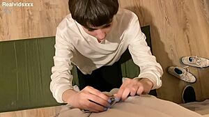 skinny girl on knees for blowjob with facial finish 😏