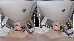 Naughty America - Kate England Fucks You in VR! Blue Eyes Babe Gives Blowjob and Handjob in Lingerie.