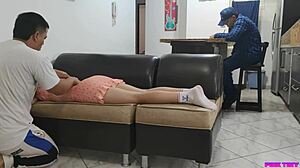 Friend Massages Married Japanese Wife in Skirt. He Excites Her with Hands Near Husband for Cheating Upskirt Action.