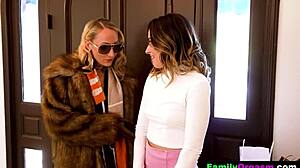 Tiny flexible teen babe feels intense emotions licking hairy pussy in 69 with her sugar mommy after shopping