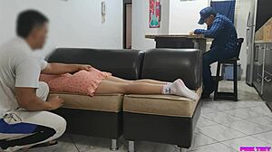 Friend Massages Married Japanese Wife in Skirt. He Excites Her with Hands Near Husband for Cheating Upskirt Action.