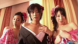 I feel so excited watching multiple Asian women in flowery kimono cosplay engage in group sex