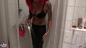 Bruder spritzt on stepsister's wetlook leggings ass.