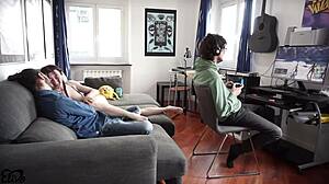 oh wow, we unlocked that nerd boy's upgrade on the couch with a wild threesome and cum on tits... italian dialogues flying everywhere!