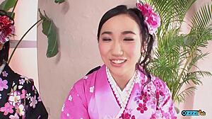 I feel so excited watching multiple Asian women in flowery kimono cosplay engage in group sex