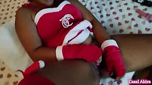 Testing new vibrator leads to intense fucking. She gets cum in her pussy during this Christmas cosplay special part 3.