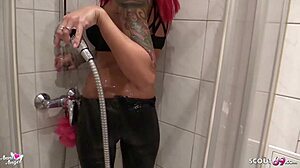 Bruder spritzt on stepsister's wetlook leggings ass.