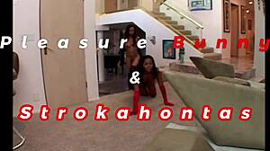 Pleasure and Strokeahontas unleash freak in threeway black fuck with cum swapping
