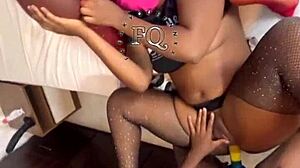 stepmom joins her step daughters in bisexual threesome, licking pussies and using strapon for hard doggystyle fucking in homemade group sex.