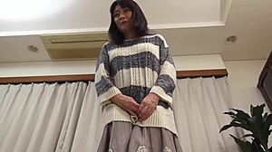 Mature woman starts anal appreciation session. Japanese milf fingers big tits and asshole on bed.